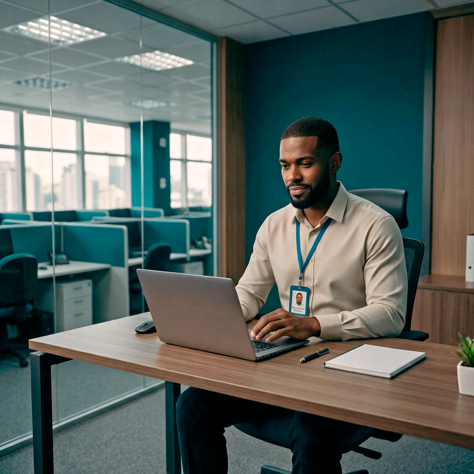 Profissional trabalhando em um laptop em ambiente corporativo